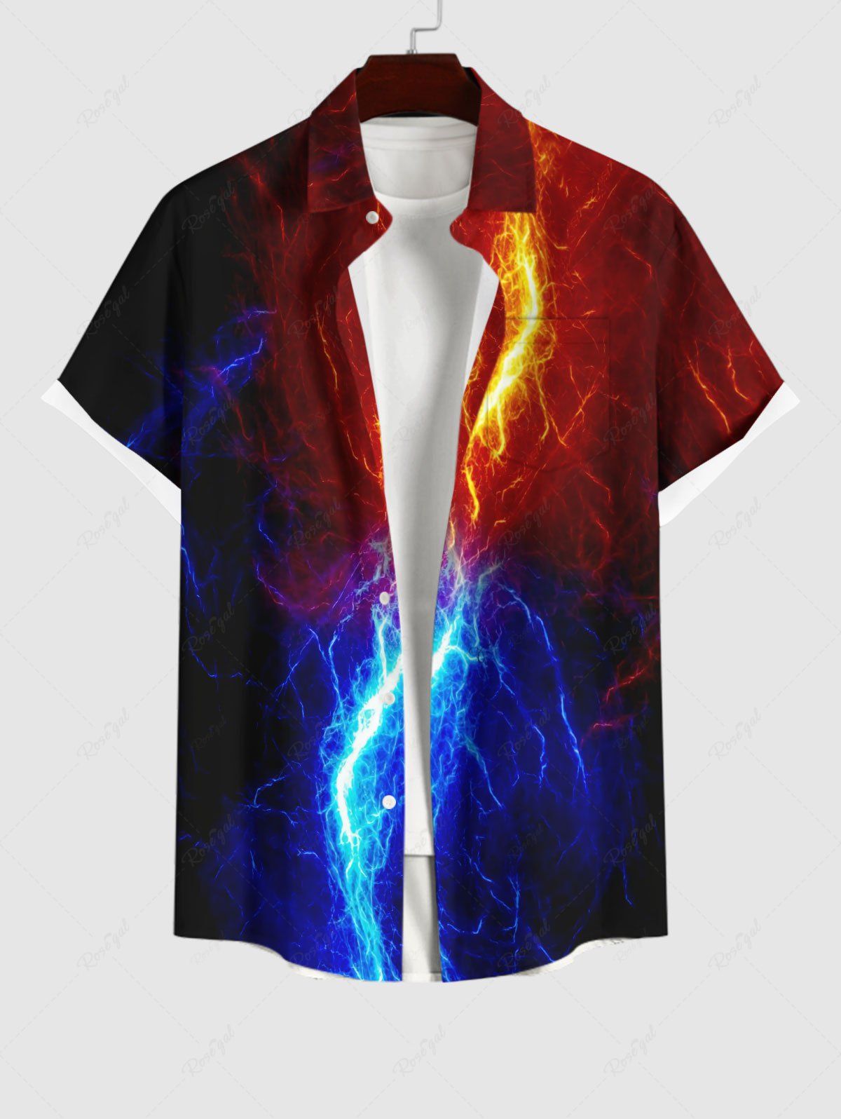 Buy Plus Size Glitter Lightning Print Hawaii Button Pocket Shirt For Men  