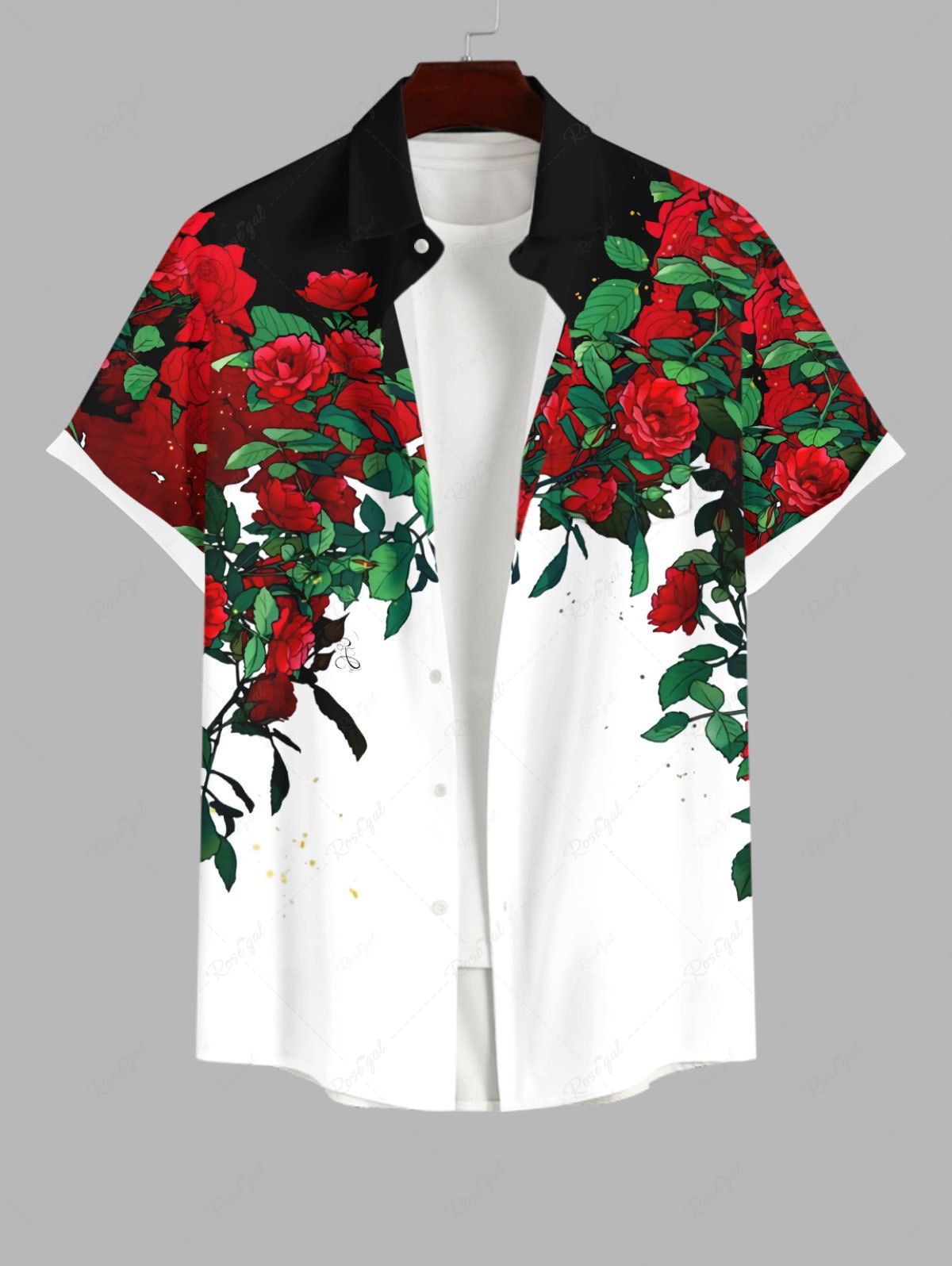 Chic Plus Size Floral Leaf Vine Colorblock Print Hawaii Button Pocket Shirt For Men  