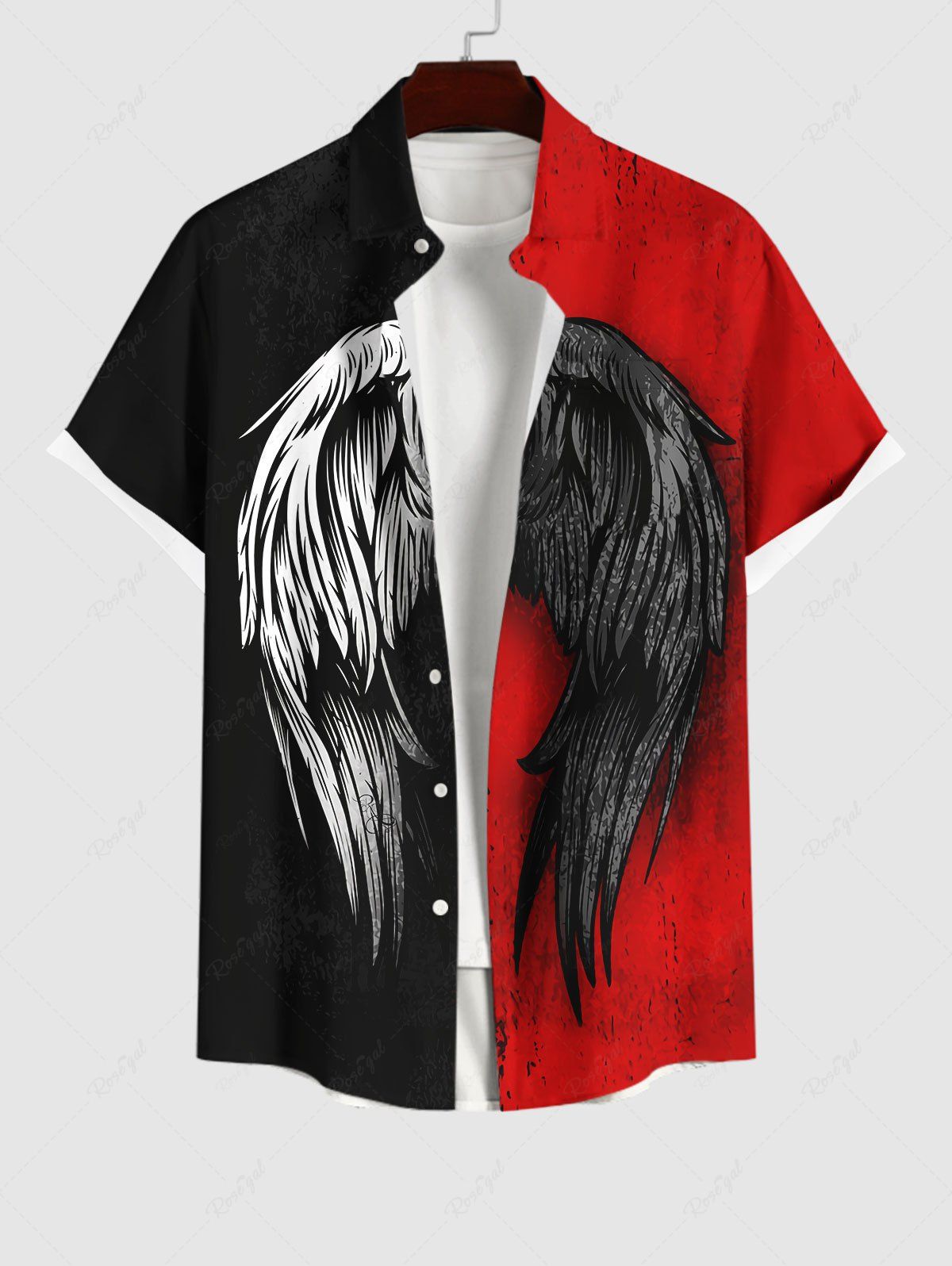 Best Plus Size Wings Ink Painting Colorblock Print Halloween Button Pocket Shirt For Men  