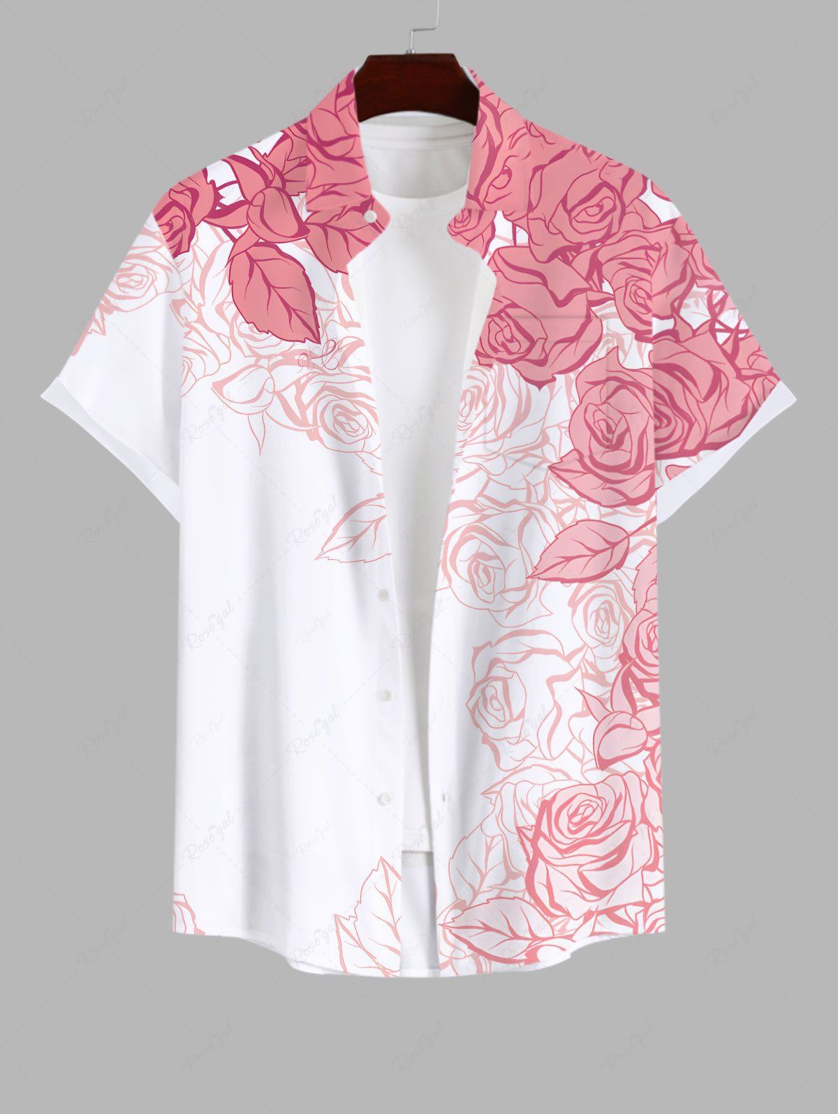 Shops Plus Size Rose Flower Leaf Print Hawaii Button Pocket Shirt For Men  