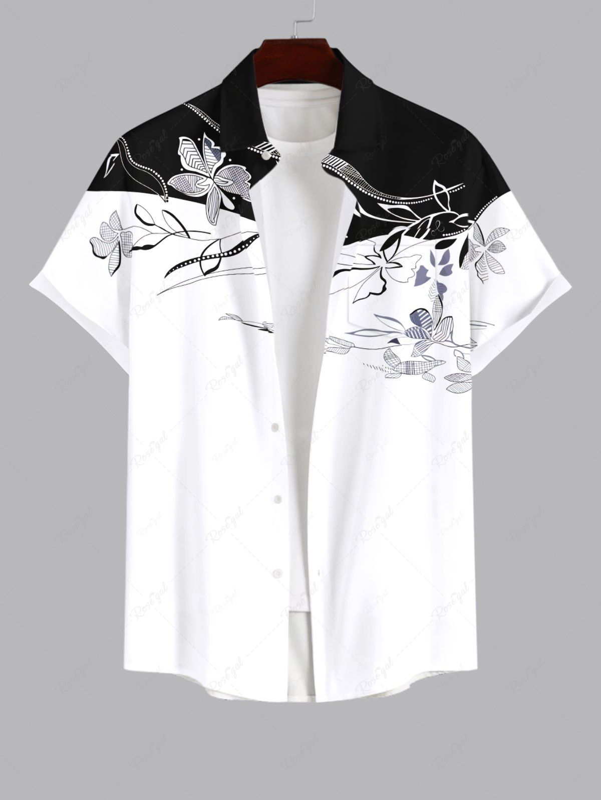 Buy Plus Size Floral Leaves Two Tone Print Hawaii Button Pocket Shirt For Men  