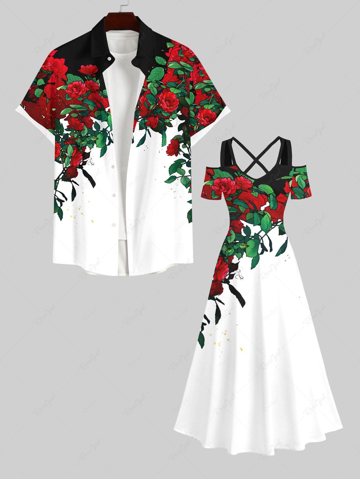Trendy Floral Leaf Vine Colorblock Print Plus Size Matching Hawaii Beach Outfit For Couples  