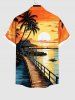 Plus Size Coconut Tree Bridge Sunset Ombre Colorblock Sky Print Buttons Pocket Hawaii Shirt For Men -  