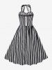 Striped Print Halter Tie Zipper Vintage Dress -  