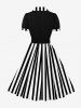 Stripes Print Buttons Shirt Collar Vintage Dress With Belt -  