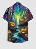 Chemise D'Halloween Boutonnée Colorée Citrouille Feuille et Forêt Imprimés avec Poche de Grande Taille pour Homme - Noir M