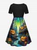 Plus Size Pumpkin Forest Leaves River Print Halloween Costume Cinched A Line Dress -  