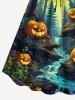 Plus Size Pumpkin Forest Leaves River Print Halloween Costume Cinched A Line Dress -  