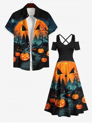 Plus Size Halloween Costume Pumpkin Trees Cross Print Cold Shoulder Crisscross Maxi Dress