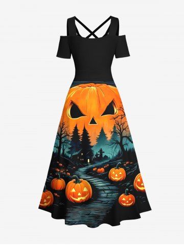Plus Size Halloween Costume Pumpkin Trees Cross Print Cold Shoulder Crisscross Maxi Dress