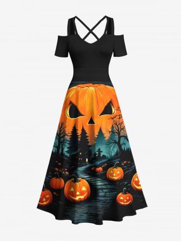Plus Size Halloween Costume Pumpkin Trees Cross Print Cold Shoulder Crisscross Maxi Dress - BLACK - 5X