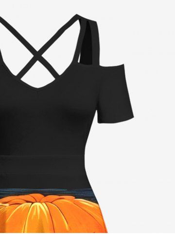 Plus Size Halloween Costume Pumpkin Trees Cross Print Cold Shoulder Crisscross Maxi Dress