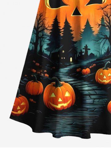 Plus Size Halloween Costume Pumpkin Trees Cross Print Cold Shoulder Crisscross Maxi Dress