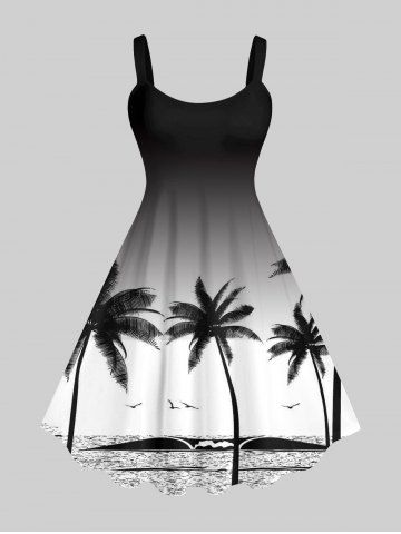 Plus Size Ombre Colorblock Coconut Tree Sea Print Hawaii Tank Dress - BLACK - S