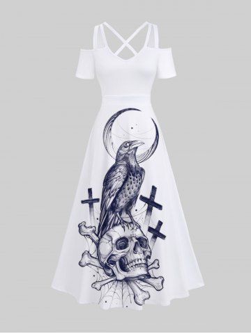 Plus Size Halloween Costume Cross Eagle Moon Skull Spider Web Print Cold Shoulder Crisscross Maxi Dress - WHITE - S