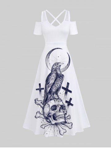 Plus Size Halloween Costume Cross Eagle Moon Skull Spider Web Print Cold Shoulder Crisscross Maxi Dress - WHITE - 3X