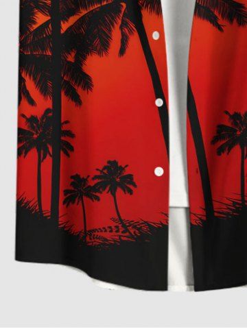Plus Size Coconut Tree Ombre Sky Print Hawaii Button Pocket Shirt For Men