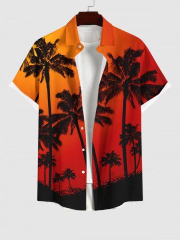 Plus Size Coconut Tree Ombre Sky Print Hawaii Button Pocket Shirt For Men - RED - 2XL