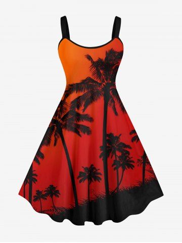 Robe Ligne A Ciel Ombré Arbre de Noix de Coco Imprimés de Grande Taille - RED - L