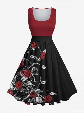 Plus Size Rose Flower Leaf Skulls Vine Print Halloween Costume Vintage Swing A Line Dress - BLACK - M