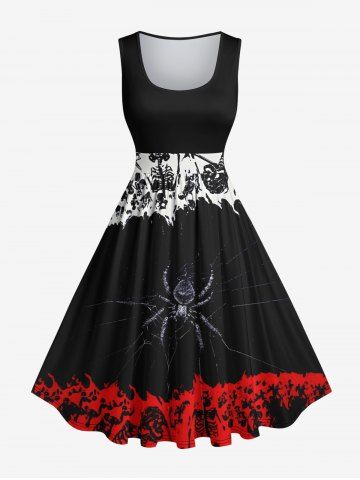 Plus Size Skeleton Spider Fire Flame Print Halloween Costume Vintage Swing A Line Dress - BLACK - S