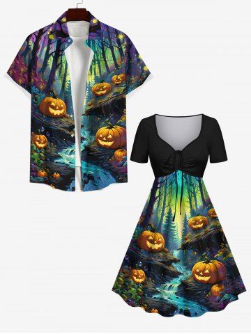 Colorful Pumpkin Forest Leaves River Print Plus Size Matching Set For Couples - BLACK