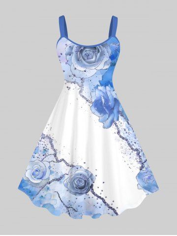 Plus Size Watercolor Tie Dye Ombre Rose Flower Ink Painting Splatter Print Hawaii A Line Tank Dress - WHITE - 2X