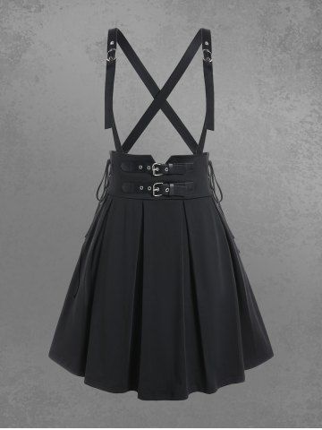 Gothic Lace Up Buckles Godet Hem A Line Suspender Skirt - BLACK - 5X | US 30-32