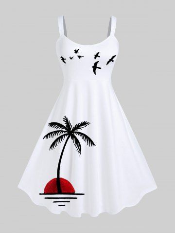 Plus Size Coconut Tree Sun Sea Bird Print Hawaii Tank Dress - WHITE - 5X