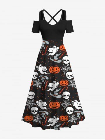 Plus Size Halloween Costume Pumpkin Hat Skull Spider Web Ghost Print Cold Shoulder Crisscross Maxi Dress - BLACK - 4X