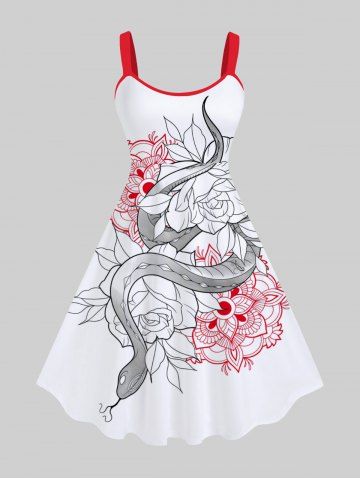 Plus Size Vintage Floral Line Snake Print Halloween Costume A Line Tank Dress - WHITE - 3X