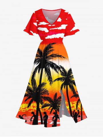 Plus Size Coconut Tree Sea Dancer Ombre Sky Cloud Print Hawaii Split Pocket A Line Midi Dress - RED - S