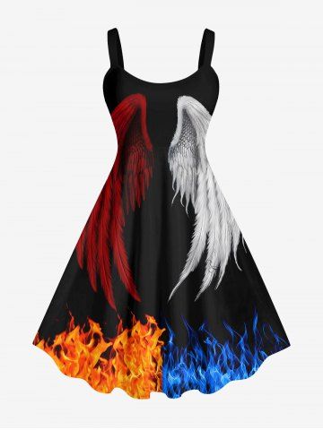 Plus Size Feather Wings Fire Flame Print Halloween Costume A Line Tank Dress - BLACK - XS