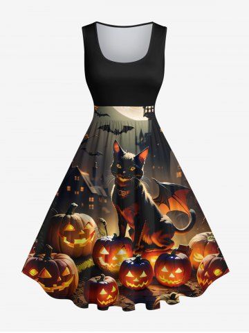 Plus Size Glitter Pumpkin Lantern Cat Bat House Print Halloween Costume Vintage Swing A Line Dress - BLACK - 4X