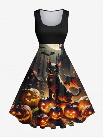 Plus Size Glitter Pumpkin Lantern Cat Bat House Print Halloween Costume Vintage Swing A Line Dress - BLACK - 6X