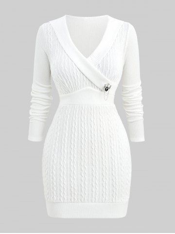 Plus Size Turn Down Collar Surplice Cable Knit Sweater Dress With Vintage Chains Brooch - WHITE - L | US 12