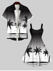 Ombre Colorblock Coconut Tree Sea Print Plus Size Matching Hawaii Beach Outfit For Couples -  