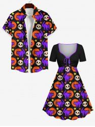 Costume D'Halloween Imprimé Chat et Lune Grande Taille Mignon pour Couples - Noir 