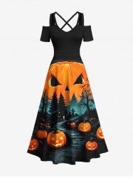 Plus Size Halloween Costume Pumpkin Trees Cross Print Cold Shoulder Crisscross Maxi Dress -  