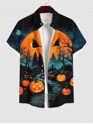 Plus Size Halloween Pumpkin Trees Cross Print Buttons Pocket Shirt For Men -  