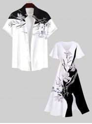 Floral Leaves Two Tone Print Plus Size Matching Hawaii Beach Outfit For Couples -  