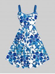 Plus Size Ombre Floral Leaves Print Hawaii A Line Tank Dress -  