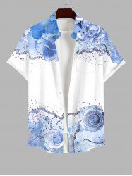 Plus Size Watercolor Tie Dye Ombre Rose Flower Ink Painting Splatter Print Hawaii Button Pocket Shirt For Men -  
