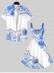 Watercolor Tie Dye Ombre Rose Flower Print Plus Size Matching Hawaii Beach Outfit For Couples -  