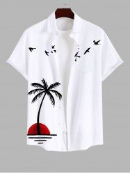 Plus Size Sun Coconut Tree Bird Sea Print Buttons Pocket Hawaii Shirt For Men -  