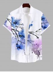 Plus Size Tie Dye Paint Splatter Branch Flowers Print Buttons Pocket Hawaii Shirt For Men -  