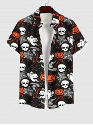Plus Size Halloween Costume Pumpkin Hat Skull Spider Web Ghost Print Buttons Pocket Shirt For Men -  