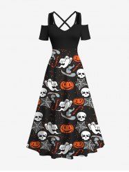 Plus Size Halloween Costume Pumpkin Hat Skull Spider Web Ghost Print Cold Shoulder Crisscross Maxi Dress -  