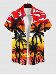 Plus Size Coconut Tree Sea Dancer Ombre Sky Cloud Print Hawaii Button Pocket Shirt For Men -  