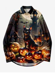 Plus Size Glitter Pumpkin Lantern Cat Bat Castle Moon Print Halloween Button Shirt For Men -  